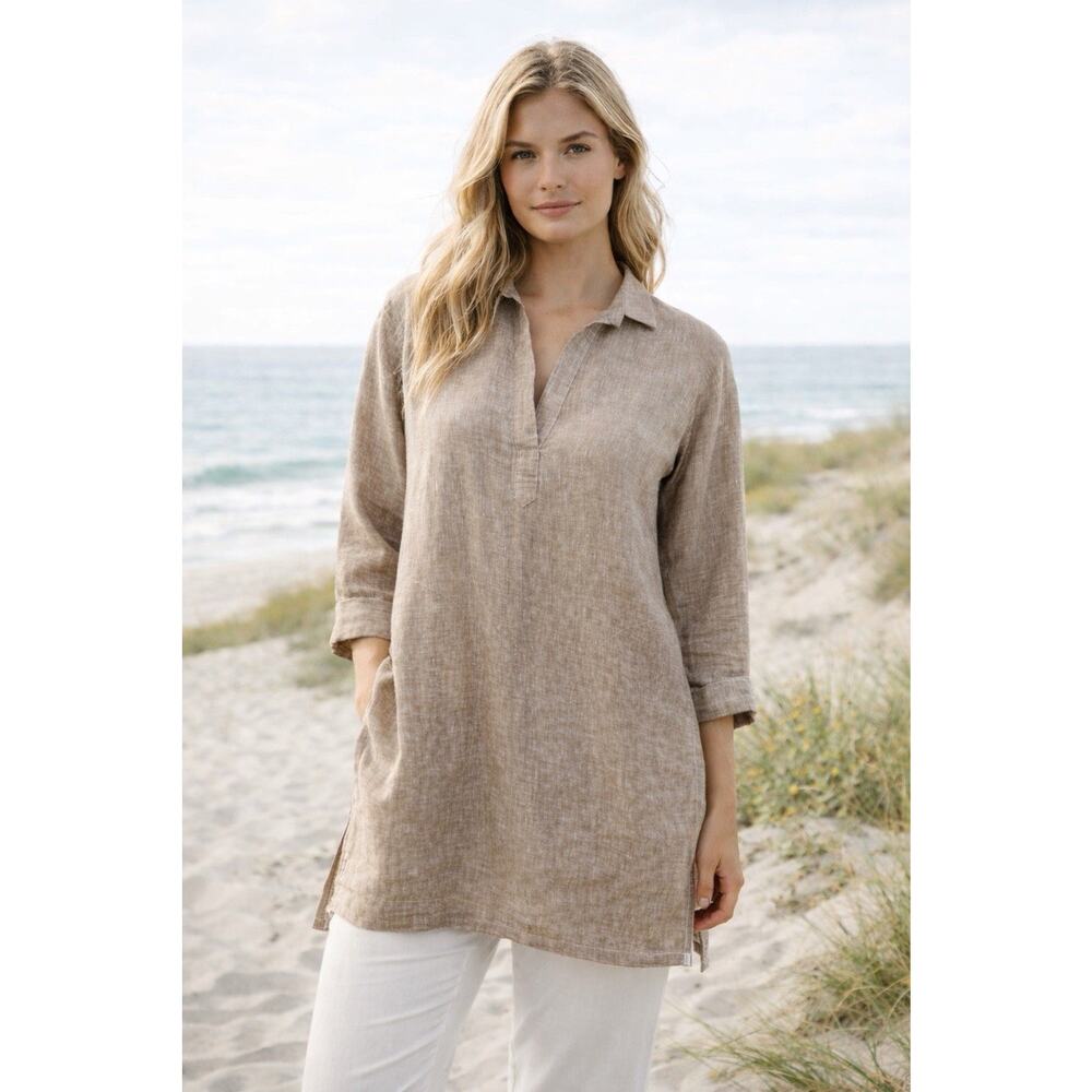 The Company Store 100% Linen Tunic Top Large Taupe Neutral Relaxed Coastal L